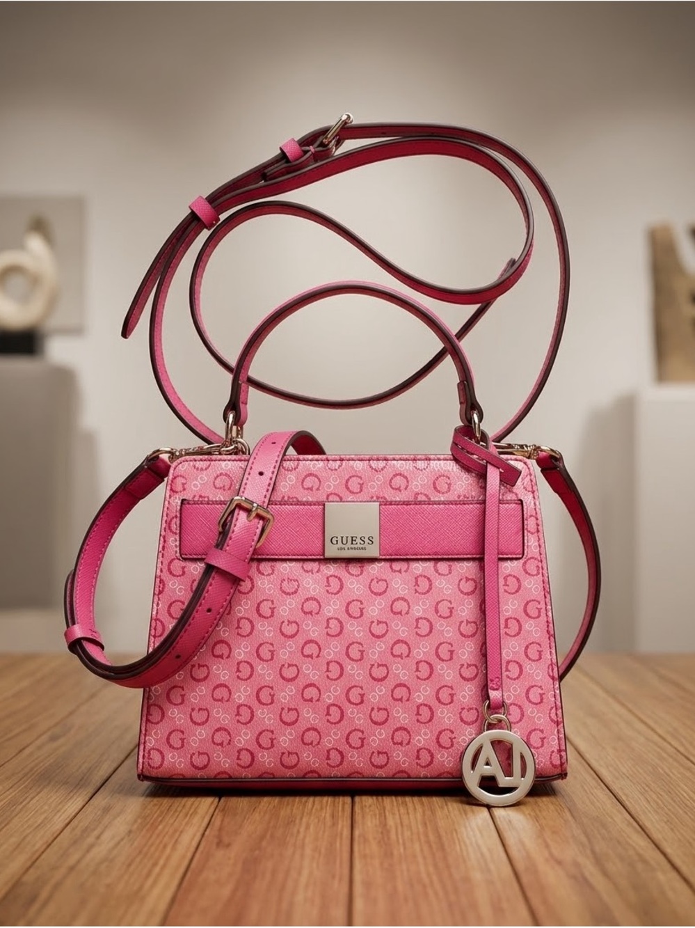 GUESS Hot Pink Signature Crossbody with Logo Charm